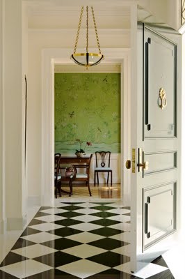 black and white floor with green chinoiserie room